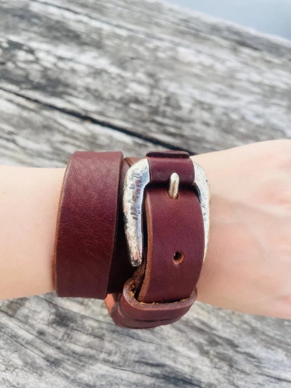 The Limited Genuine Leather Brown Narrow Dented Silver Buckle Belt Made in Italy